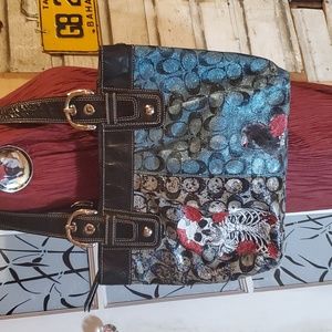 Coach Soho Purse #F15047 Skeleton Halloween Glitter Black and Blue Signature